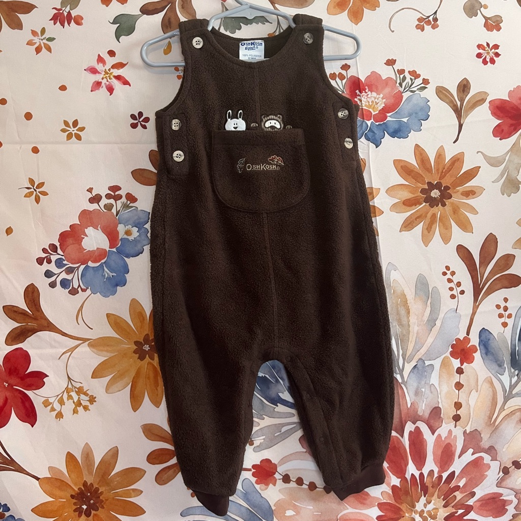 Vintage Oshkosh Baby Infant 12m Bunny Raccoon Fleece Button Fall Cozy Overalls